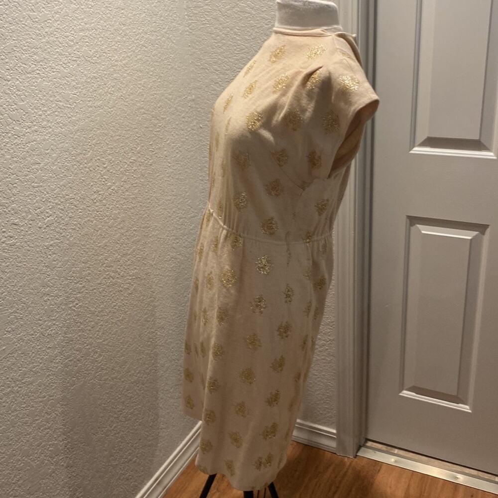 R & K Originals Vintage Short Cap Sleeve Midi Dress Tan & Gold Threaded Sz Small - Picture 4 of 11